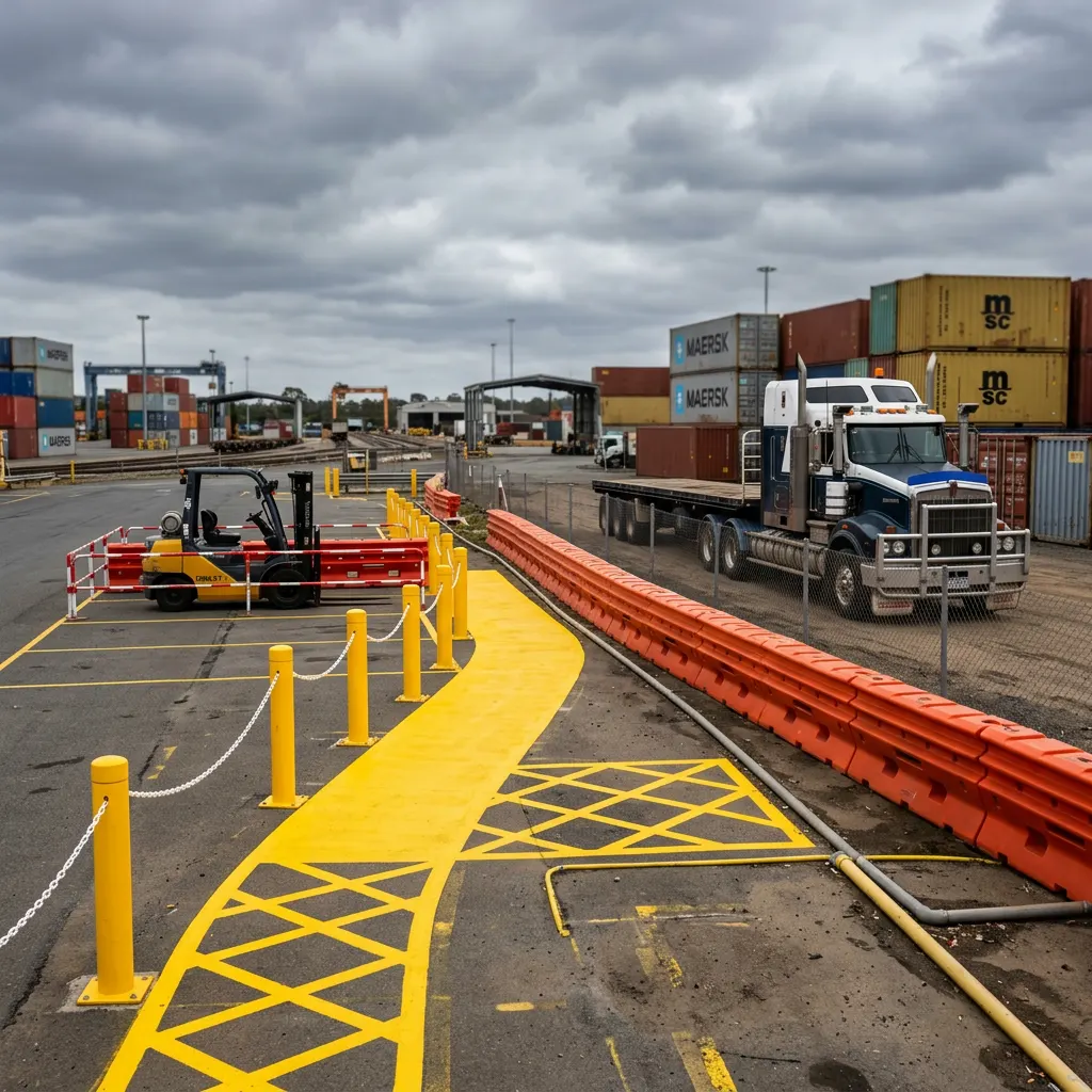 Freight yard with a painted pedestrian walkway, bollards and an exclusion zone separating a forklift from a parked prime mover