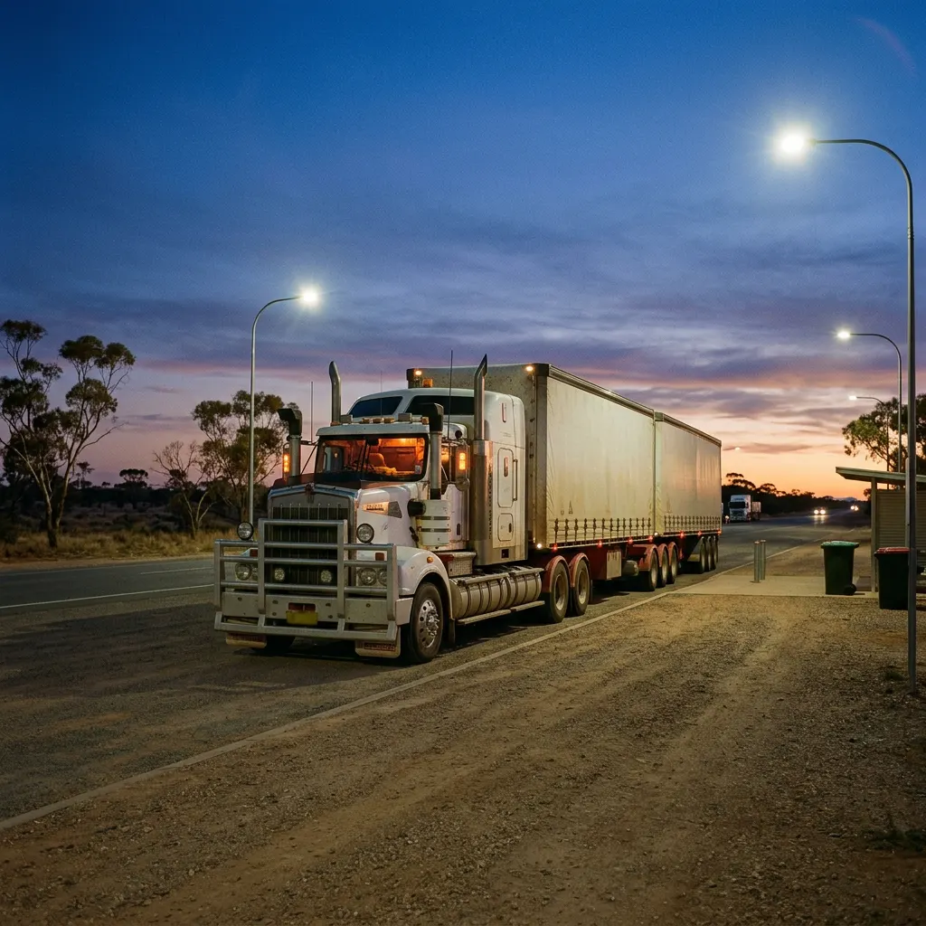 Linehaul prime mover and trailer parked at a lit roadside rest area at dusk on a remote highway